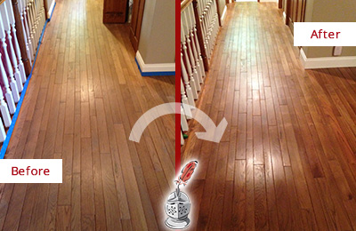 Sir Grout Refinished This Worn Out Buford Wood Floor with a Sandless Refinishing Service Before and After Picture of a Buford Wood Sandless Refinishing Service on a Worn Out Floor
