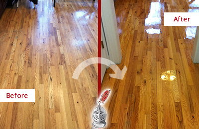 Sir Grout Refinished This Worn Out Buford Hallway Floor with a Sandless Refinishing Service Before and After Picture of a Buford Wood Sandless Refinishing Service on a Worn Out Hallway