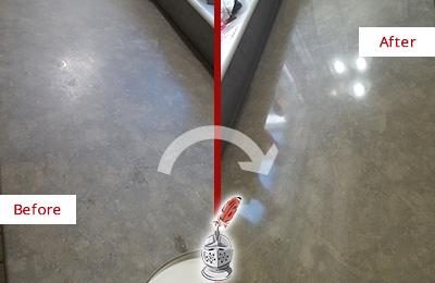 Before and After Picture of a Dull Auburn Limestone Countertop Polished to Recover Its Color