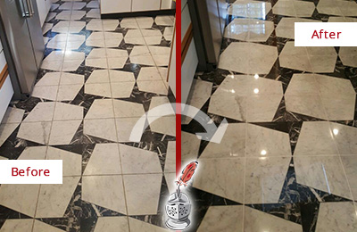 Sir Grout Polishes this Dull Social Circle Marble Stone Floor To Recover Its Luster Before and After Picture of a Dull Social Circle Marble Stone Floor Polished To Recover Its Luster