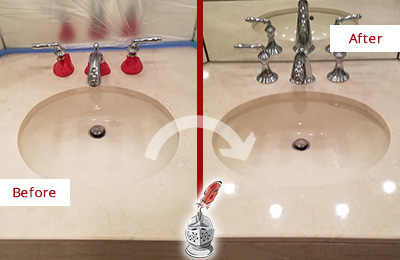 Sir Grout Polishes this Dull Social Circle Marble Stone Vanity Top to Bring-Back Its Sheen Before and After Picture of a Dull Social Circle Marble Stone Vanity Top Polished to Bring-Back Its Sheen