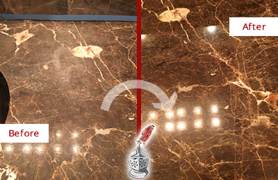 Before and After Picture of a Commerce Marble Stone Countertop Polished to Eliminate Stains