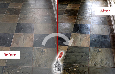 Sir Grout Seals this Dull Fairburn Slate Floor to Bring Back Its Colors Before and After Picture of a Dull Fairburn Slate Floor Sealed to Bring Back Its Colors