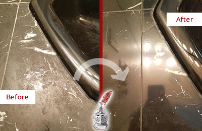 Before and After Picture of a Banks Marble Countertop Cleaned to Remove Deep Dirt
