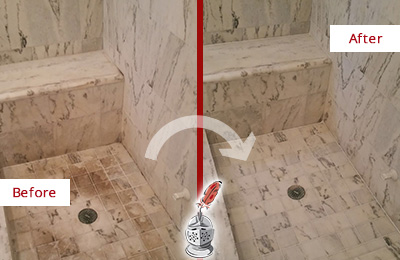Sir Grout Cleans this Dirty Calhoun Marble Shower to Eliminate Dark Stains Before and After Picture of a Dirty Calhoun Marble Shower Cleaned to Eliminate Dark Stains