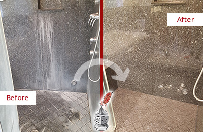 Sir Grout Cleans this Calhoun Granite Shower to Remove Mineral Deposits Before and After Picture of a Calhoun Granite Shower Cleaned to Remove Mineral Deposits