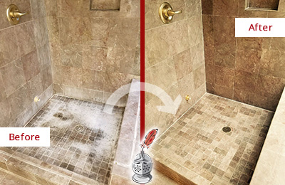 Sir Grout Cleans this Calhoun Travertine Shower to Eliminate Water Spots Before and After Picture of a Calhoun Travertine Shower Cleaned to Eliminate Water Spots