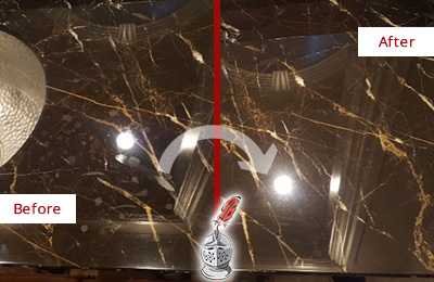 Sir Grout Cleans this Calhoun Marble Countertop to Remove Water Spots Before and After Picture of a Calhoun Marble Countertop Cleaned to Remove Water Spots