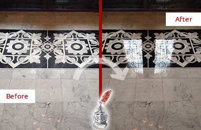 Sir Grout Seals the Stone of this Milton Marble Floor to Recover Its Sheen Before and After Picture of a Milton Marble Stone Sealed to Recover Its Sheen