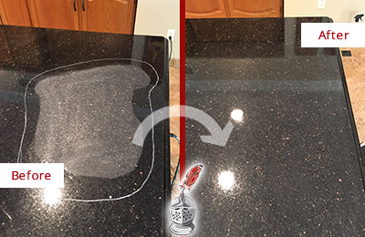Before and After Picture of a Powder Springs Granite Kitchen Countertop Honed to Eliminate Scratch