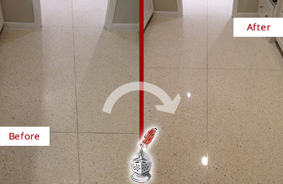 Sir Grout Hones this Dull Adairsville Granite Floor to Recover Its Sheen Before and After Picture of a Dull Adairsville Granite Floor Honed to Recover Its Sheen