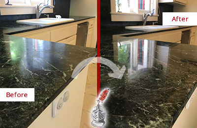 Sir Grout Hones this Adairsville Marble Kitchen Countertop to Remove Water Marks Before and After Picture of a Adairsville Marble Kitchen Countertop Honed to Remove Water Marks
