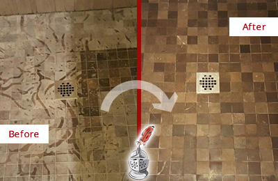 Sir Grout Hones this Adairsville Marble Shower to Remove Etching Before and After Picture of a Adairsville Marble Shower Honed to Remove Etching