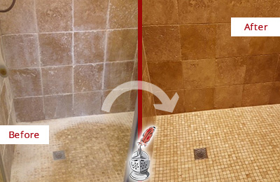 Before and After Picture of a Roswell Travertine Shower Honed to Remove Mineral Deposits
