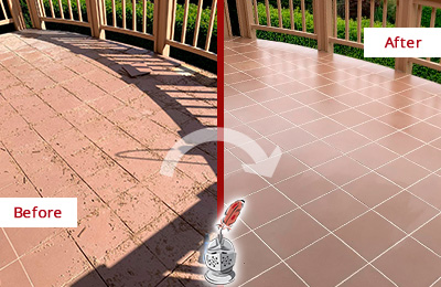 Before and After Picture of a Lithonia Hard Surface Restoration Service on a Tiled Deck