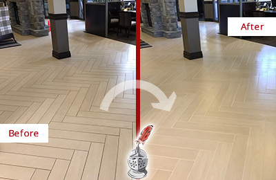 Sir Grout Restored This Loganville Office Lobby Tile Floor to Remove Embedded Dirt Before and After Picture of a Loganville Hard Surface Restoration Service on an Office Lobby Tile Floor to Remove Embedded Dirt