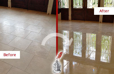 Sir Grout Restored This Loganville Dull Travertine Floor to Recover Its Splendor with a Stone Polishing Service Before and After Picture of a Loganville Hard Surface Restoration Service on a Dull Travertine Floor Polished to Recover Its Splendor