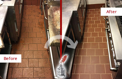 Before and After Picture of a United States Hard Surface Restoration Service on a Restaurant Kitchen Floor to Eliminate Soil and Grease Build-Up
