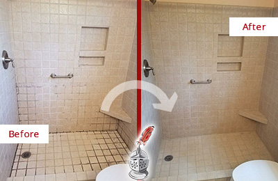 Before and After Picture of a Alto Shower Grout Cleaned to Remove Mold