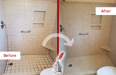 Sir Grout Cleans the Grout on this Peachtree City Moldy Shower Before and After Picture of a Peachtree City Shower Grout Cleaned to Remove Mold