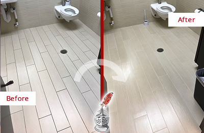 Before and After Picture of a Lilburn Office Restroom's Grout Cleaned to Remove Dirt