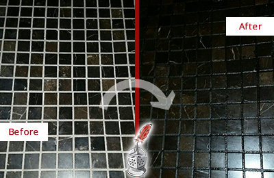 Sir Grout Recolored the Grout of this Greensboro Black Tile Floor Before and After Picture of a Greensboro Black Floor with Recolored Grout