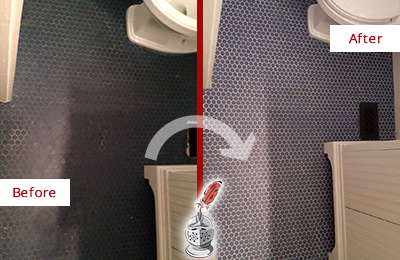 Sir Grout Recolors the Grout on this Greensboro Blue Tile Floor Before and After Picture of a Greensboro Blue Tile Floor Recolored Grout