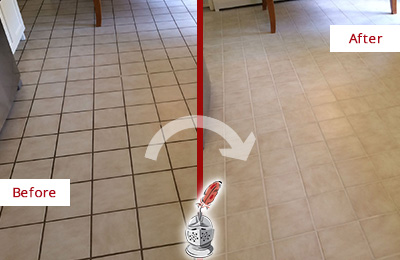 Sir Grout Recolors this Greensboro Kitchen Tile Floor's Grout Before and After Picture of a Greensboro Kitchen Tile Floor with Recolored Grout