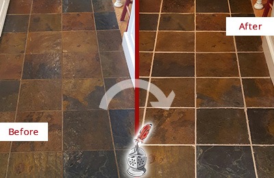Sir Grout Recolors the Grout of this Greensboro Slate Floor Before and After Picture of a Greensboro Slate Floor Recolored Grout