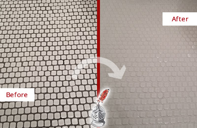 Sir Grout Recolors the Grout of this Greensboro White Mosaic Tile Before and After Picture of a Greensboro White Mosaic Tile Recolored Grout