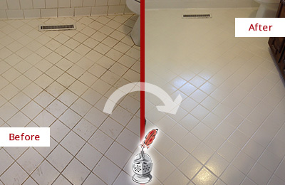 Before and After Picture of a United States White Bathroom Floor Grout Sealed for Extra Protection
