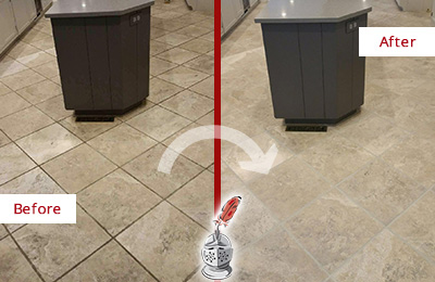 Sir Grout Seals this Stained Dawsonville Kitchen Floor Grout to Remove Stains Before and After Picture of a Dawsonville Kitchen Floor Grout Sealed to Remove Stains