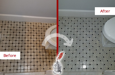 Before and After Picture of a White Bathroom Floor Cleaned to Remove Embedded Dirt