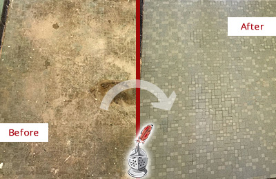 Sir Grout Cleans this White Mosaic Shower Cleaned to Eliminate Embedded Dirt Before and After Picture of a White Mosaic Shower Cleaned to Eliminate Embedded Dirt
